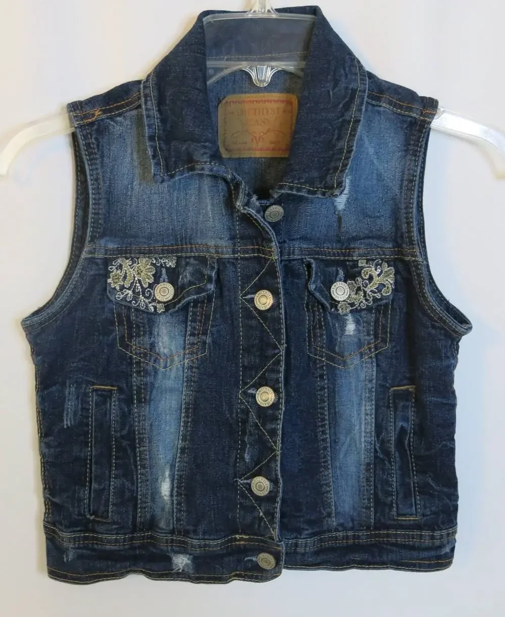 AMETHYST JEANS Denim Jean Vest Size S* Embroidery Distressed Blue Boho Casual